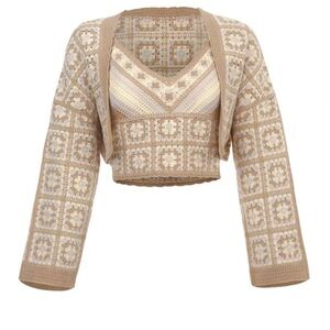 Beige Crochet Crop Sweater Cardigan Set